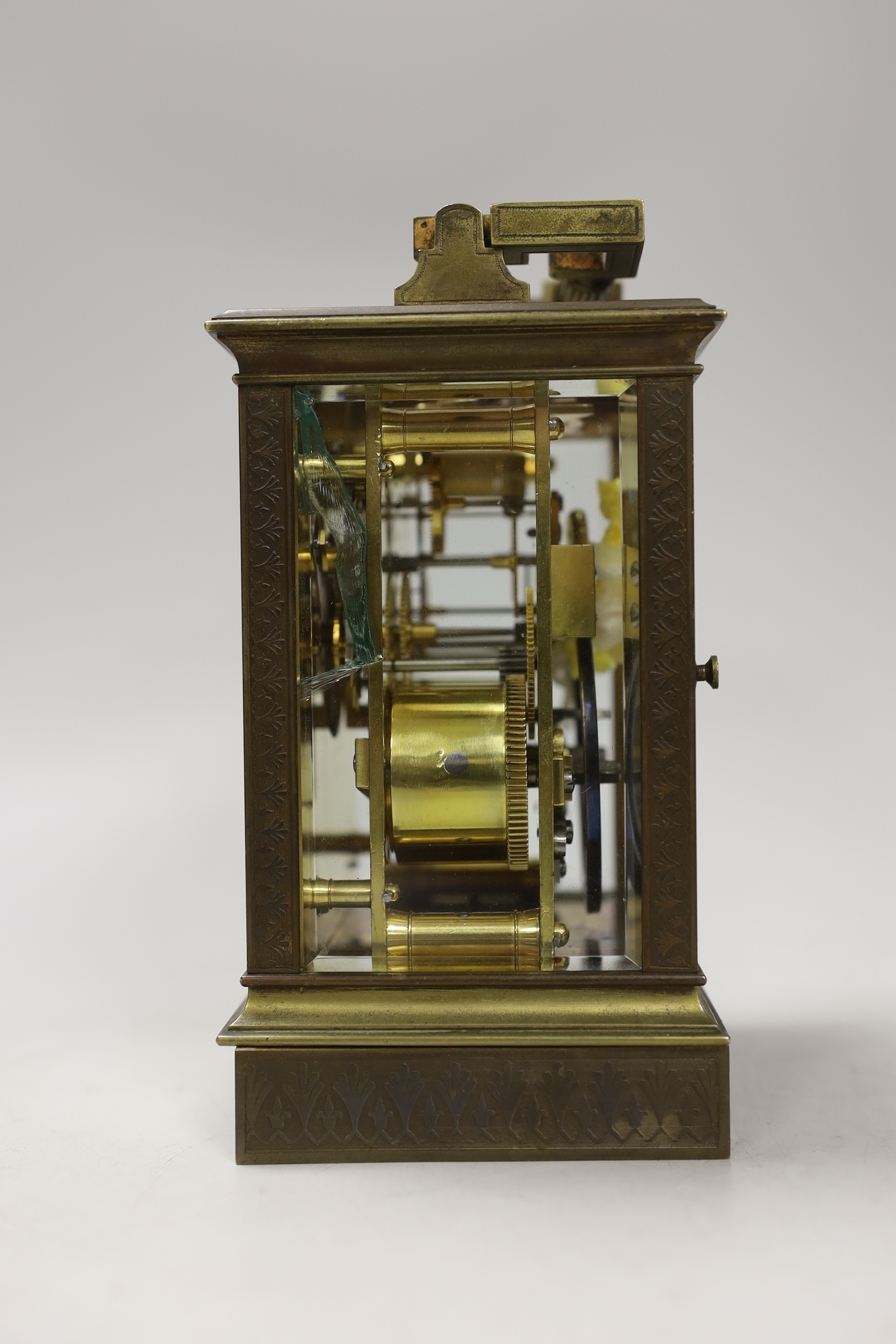 A French repeating brass carriage clock, retailed by Hanhart Calcutta, 16cm